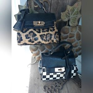 Purses, Pair Animal Print and Black/White Checker Small w/Strap inside.